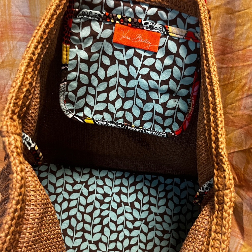 Vera Bradley Brown Woven Tote with Colorful Bird Design - Picture 2 of 3